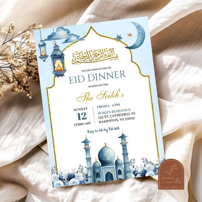 Blå Blommig Ramadan Islam Eid Iftar Middag Inbjudningar (Skapare uppladdad)