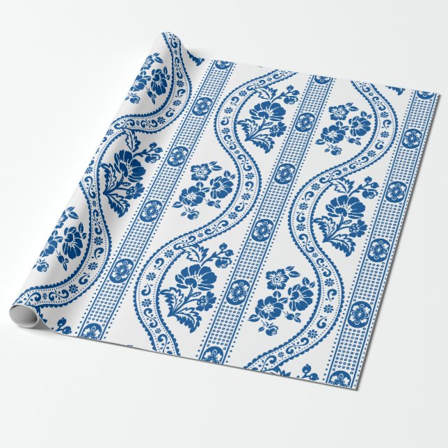 Blå Blommig Rand Elegans Presentpapper (Utrullad)