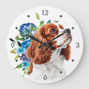 Blå Blommig Röd Cavalier King Charles Spaniel Hund Stor Klocka