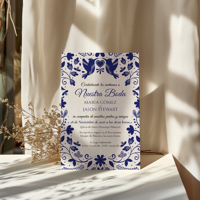 Blå Blommig Romantisk Estetisk Spansk Bröllop Inbjudningar (Blue Floral Romantic Aesthetic Spanish Wedding Invitation)