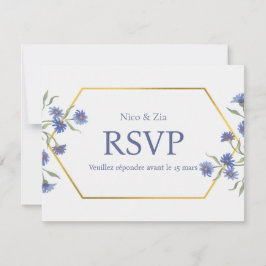 Blå Blommig RSVP-kort – Elegant Guld Geometrisk Vi OSA Kort