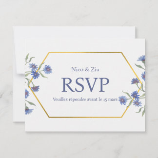 Blå Blommig RSVP-kort – Elegant Guld Geometrisk Vi OSA Kort