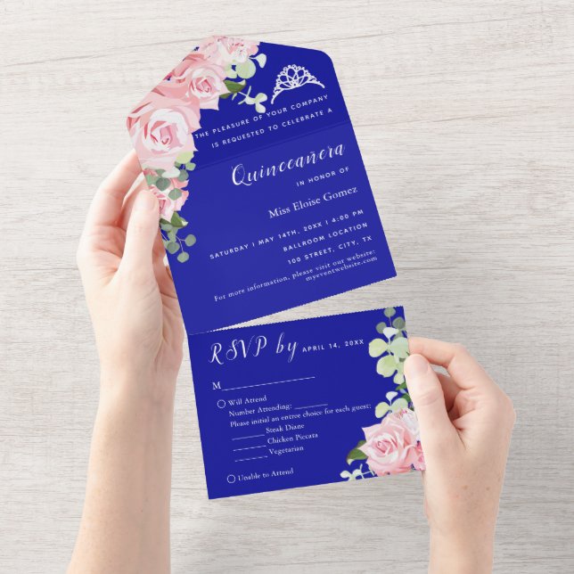 Blå Blommig RSVP Trefaldig Evenemangsinbjudan (Avrivbar del)
