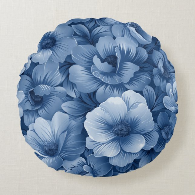 Blå Blommig Rund Kudde (Framsidan)