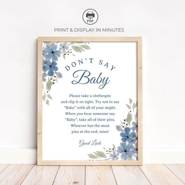 Blå Blommig "Säg Inte Bebis" Bebisdusch Spelskylt Poster (Skapare uppladdad)