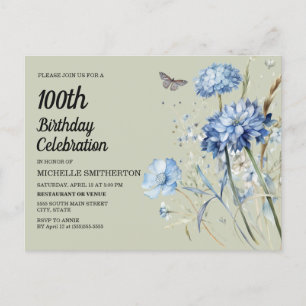 Blå Blommig Salvia Grön Kvinnas 100-årsdag Inbjudan Vykort