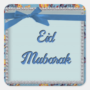 Blå Blommig Scrapbook Stil Eid Mubarak Klistermärk Fyrkantigt Klistermärke