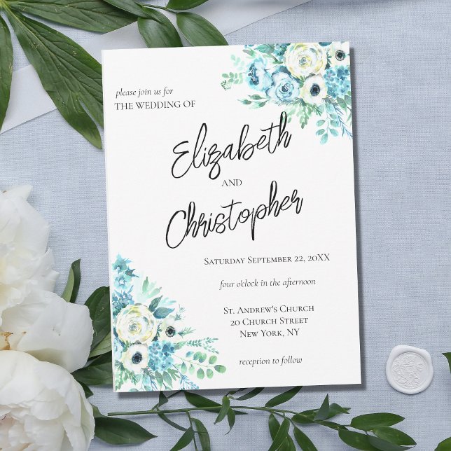 Blå Blommig Skrift Kaligrafi Elegant Bröllop Inbjudningar (Skapare uppladdad)