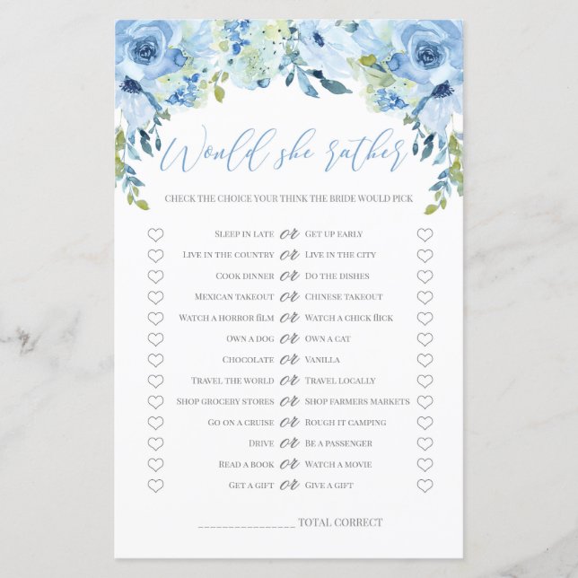 Blå blommig Skulle hon hellre bröllopsdusch spel (Framsida)