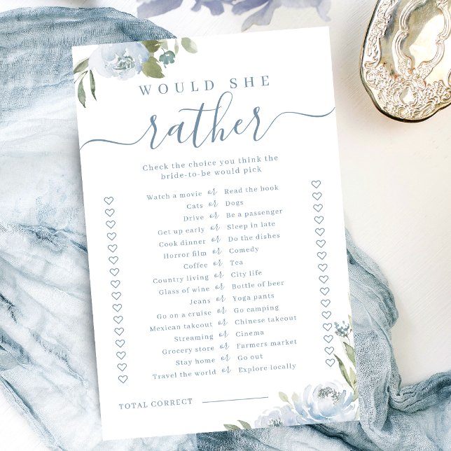Blå blommig "Skulle hon hellre"-bröllopsduschspel (Blue floral would she rather bridal shower game)