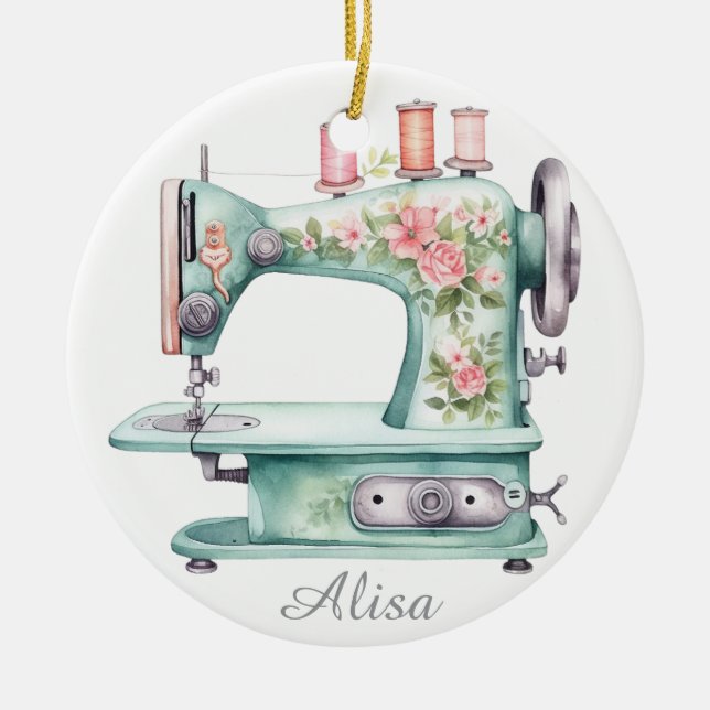 Blå Blommig Sömaskin Ornament  (Framsidan)