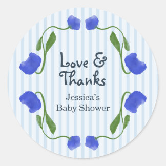 Blå Blommig Söt Kärlek Och Tacksamhet Baby Shower Runt Klistermärke