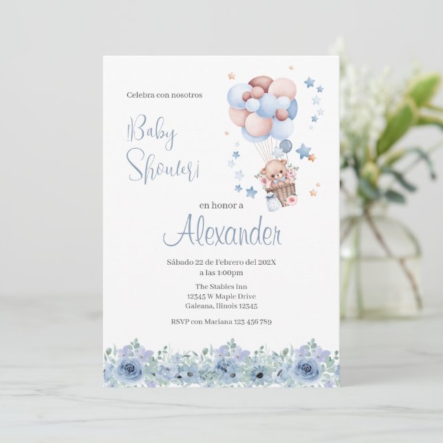 Blå blommig spansk baby shower pojke inbjudan (Stående Fram)
