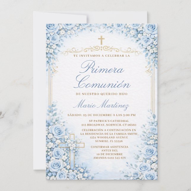 Blå Blommig Spansk Pojke Primera Comunión Kors Inbjudningar (Framsida)