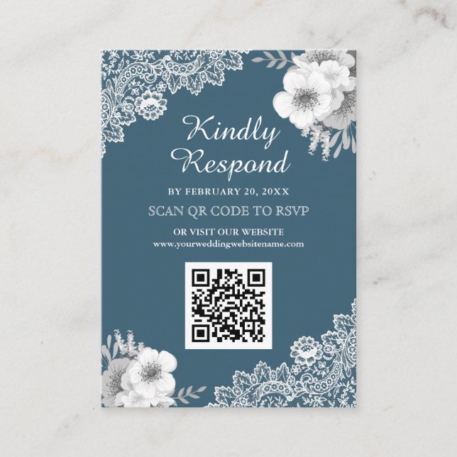 Blå Blommig Spets QR-kod RSVP Bröllopswebbplats Tilläggskort (Framsida)