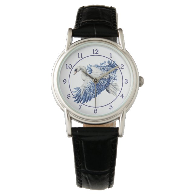 Blå Blommig Svan Armbandsur (Framsida)