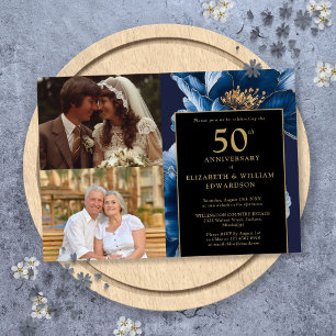 Blå Blommig Svart Guld 50-årsjubileum 2 Foto Inbjudningar