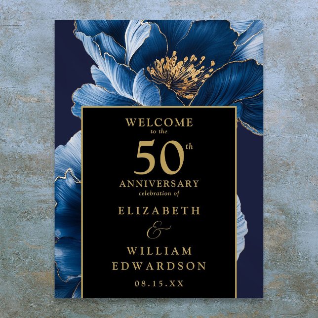 Blå Blommig Svart Och Guld 50-årsjubileumsskylt Poster (Blue Floral Black And Gold 50th Anniversary Sign)