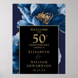 Blå Blommig Svart Och Guld 50-årsjubileumsskylt Poster
