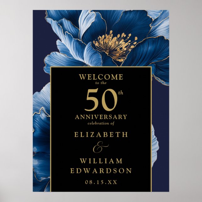Blå Blommig Svart Och Guld 50-årsjubileumsskylt Poster (Framsidan)