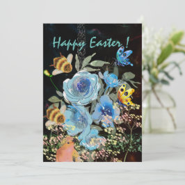 Blå Blommig Svart Påsk med Fåglar Julkort