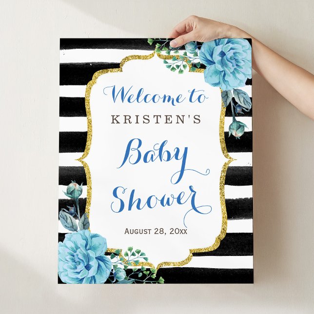Blå Blommig Svart Vit Randig Baby Shower Skylt (Skapare uppladdad)