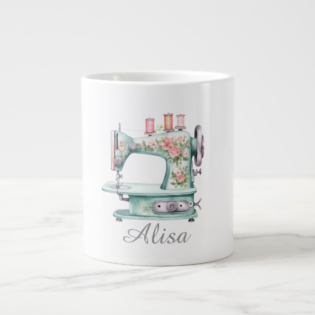 Blå Blommig Symaskin Kaffe Mugg Jumbo Mugg (Framsidan)