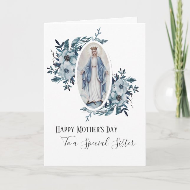 Blå Blommig | Syster | Religiös Mor Maria Kort (Framsida)