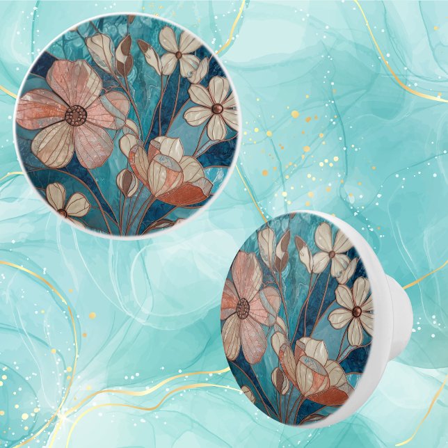 Blå Blommig Teal Kräm Koppar Knopp (Skapare uppladdad)