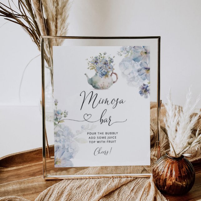 Blå blommig tebjudning mimosa barskylt poster (Skapare uppladdad)