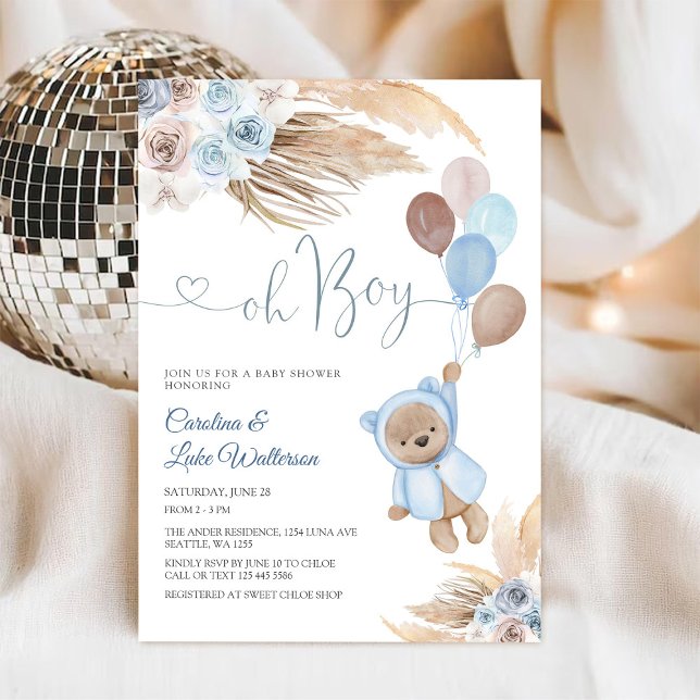 Blå Blommig Teddybjörn Baby Shower Inbjudan (Skapare uppladdad)