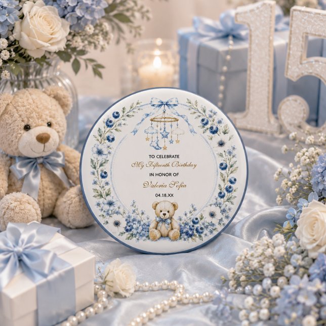 Blå Blommig Teddybjörn Femsårsfest Knapp (Blue Floral Teddy Bear Fifteenth Birthday party Button
)