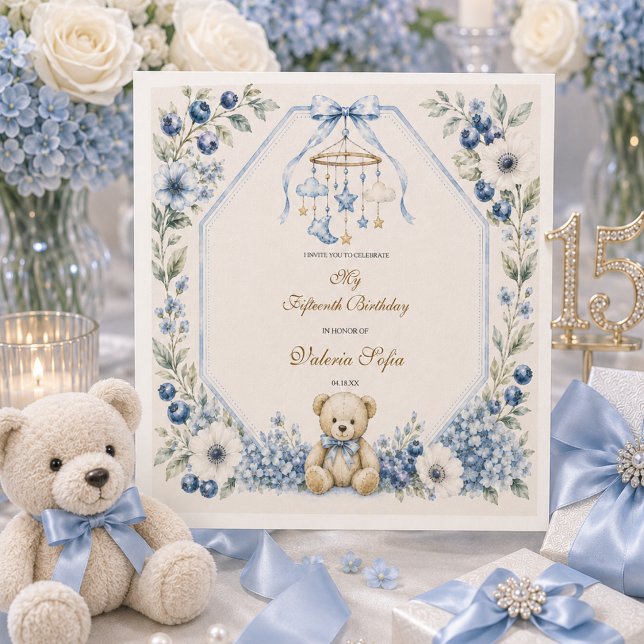 Blå Blommig Teddybjörn Femsårsfest Pappersservett (Blue Floral Teddy Bear Fifteenth Birthday party Napkins
)