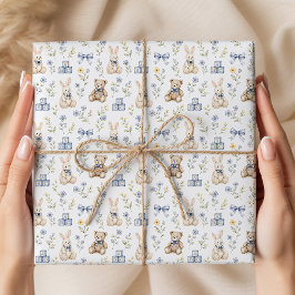 Blå Blommig Teddybjörn Kanin Barnkammare Presentpapper