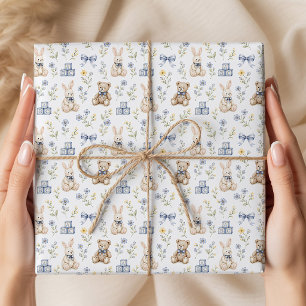 Blå Blommig Teddybjörn Kanin Barnkammare Presentpapper