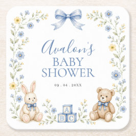 Blå Blommig Teddybjörn Kanin Förlossning Barnkalas Underlägg Papper Kvadrat