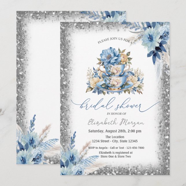 Blå Blommig Tekopp Glitter Ram Baby Shower  Inbjudningar (Fram/baksida)