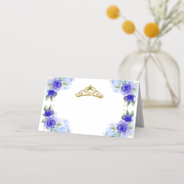 Blå Blommig Tiara Quinceanera Placeringskort (Framsida)