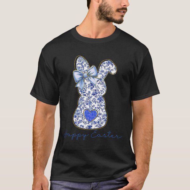 Blå Blommig Toile Chinoiserie Kanin Påsk För Flick T Shirt (Framsida)