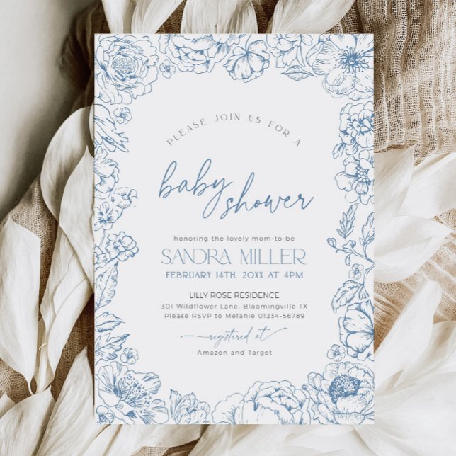 Blå Blommig Toile de Jouy Bebis Shower Inbjudan (Skapare uppladdad)