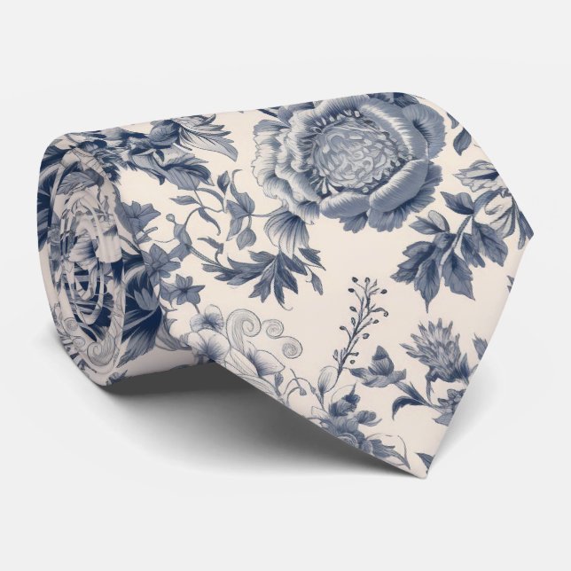 Blå Blommig Toile Mönster Bröllop Slips (Rullad)