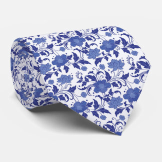 Blå Blommig Toile Vattenfärg Vintage Bröllop Slips