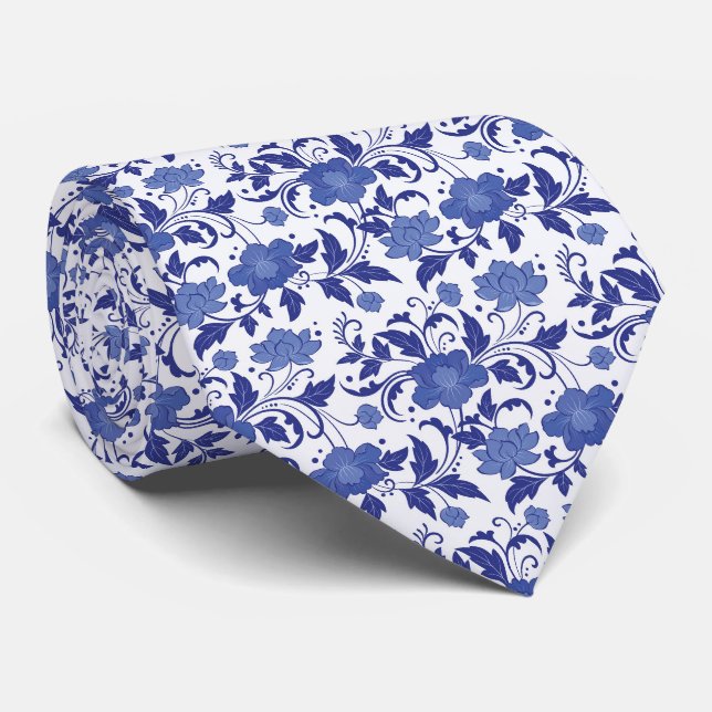 Blå Blommig Toile Vattenfärg Vintage Bröllop Slips (Rullad)