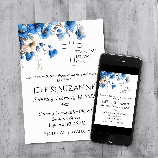 Blå Blommig Två Blir En Kors Bröllop  Inbjudningar (Blue Floral Two Become One Cross Wedding Invitation)
