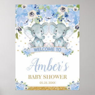 Blå Blommig Tvilling Pojkar Elefant Babyfirande Vä Poster