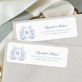 Blå Blommig Vapen Monogram Bröllops Returadress Etikett