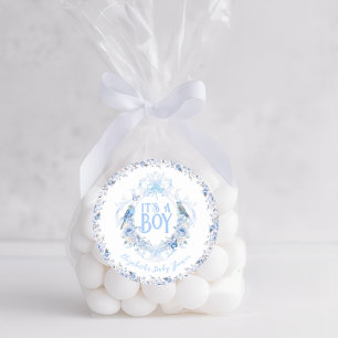 Blå Blommig Vapenbåge Det är en Pojke Bebis Badrum Runt Klistermärke