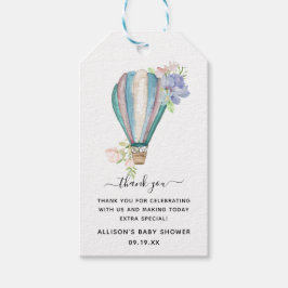 Blå Blommig Varm Luft Ballong Baby Shower Tackkort Presentetikett