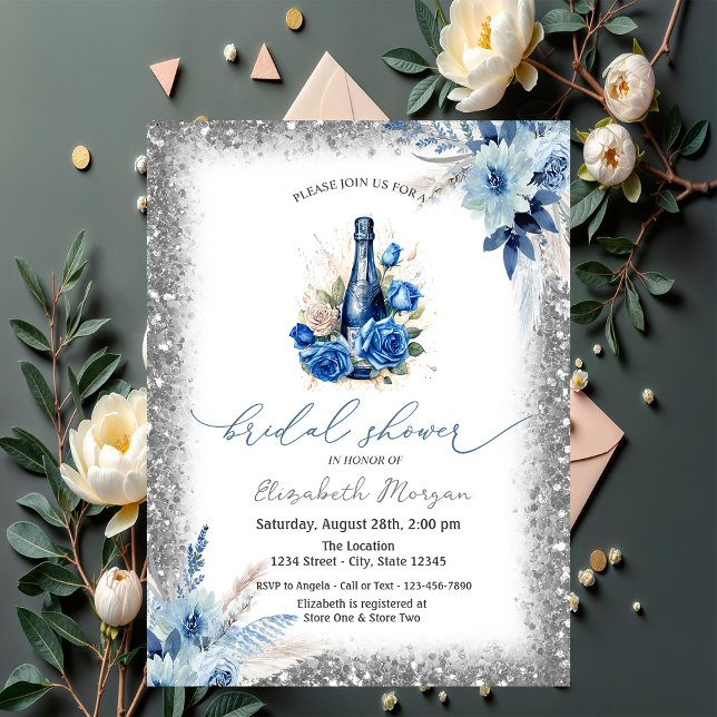 Blå Blommig Vinflaska Glitter Ram Baby Shower  Inbjudningar (Skapare uppladdad)