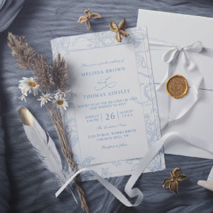 Blå Blommig Vintage Elegant Budget QR-kod Bröllop Inbjudningar